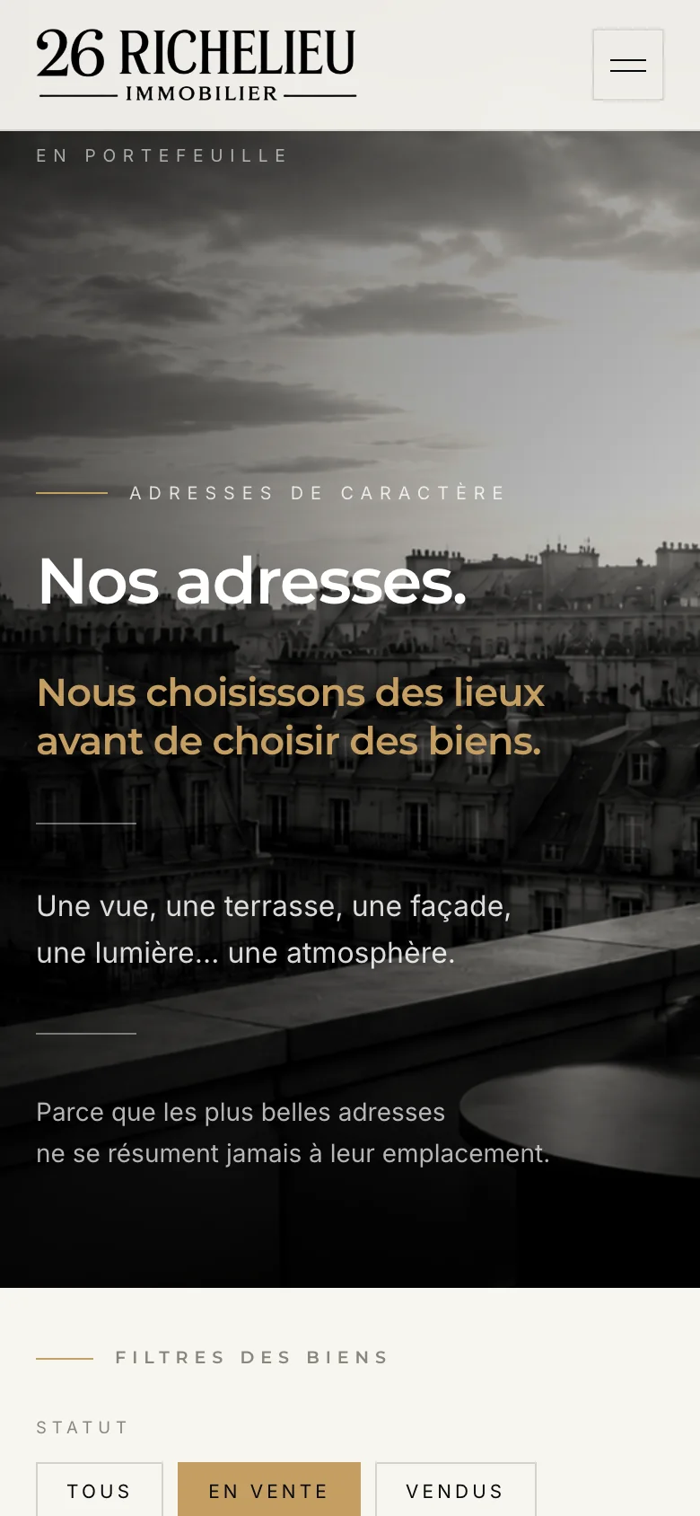 Page des biens sur téléphone